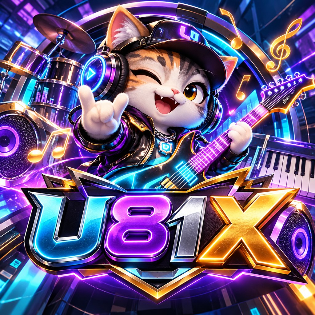 Riff, the U81X mascot: a winking cat in headphones and a cap playing a glowing purple guitar above the U81X logo