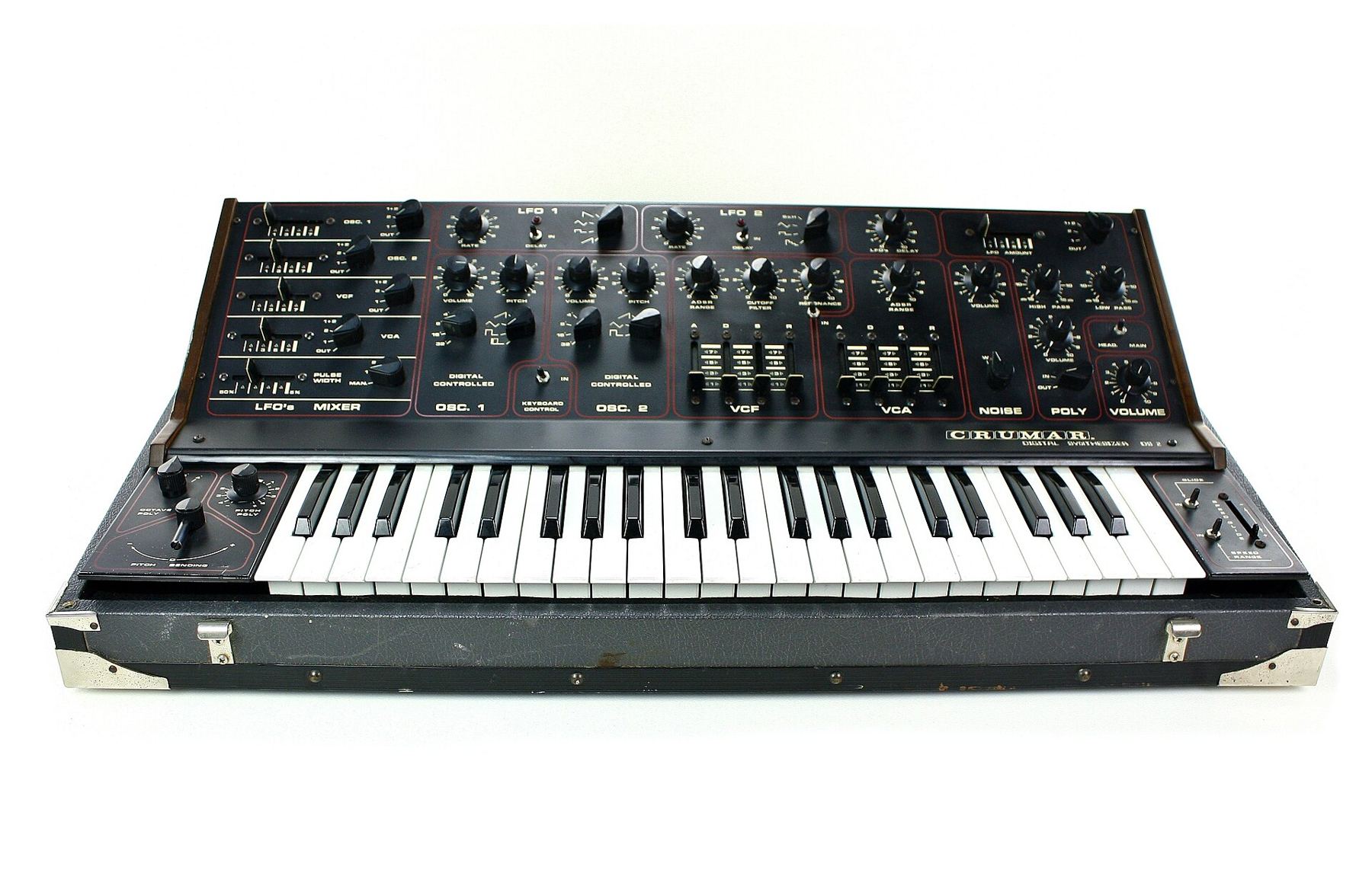 A black analog synthesizer keyboard with rows of knobs